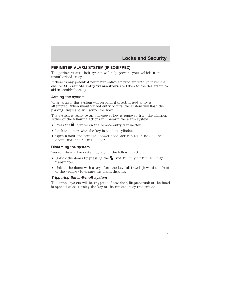 Locks and security | FORD 2003 Focus User Manual | Page 71 / 216