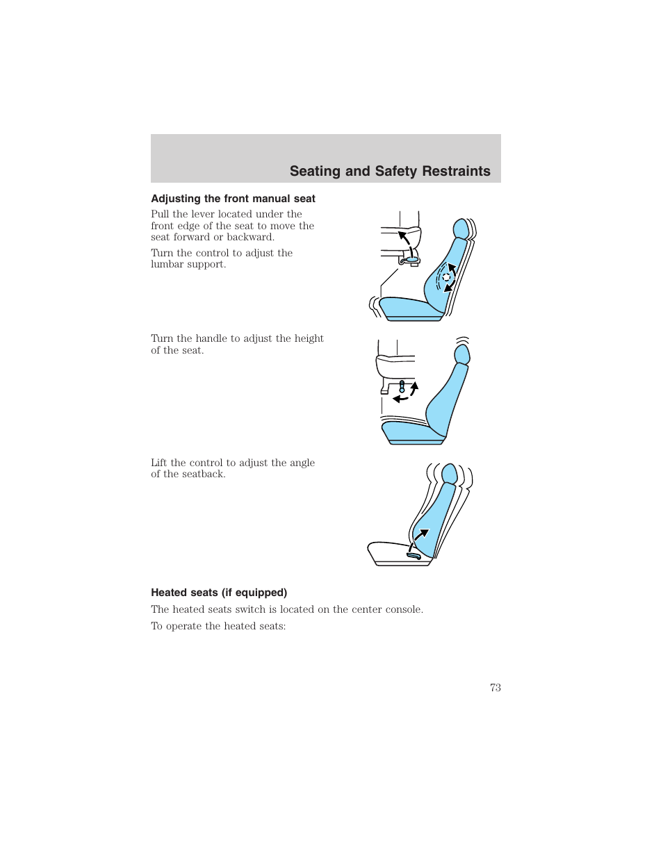 Seating and safety restraints | FORD 2003 Focus User Manual | Page 73 / 216