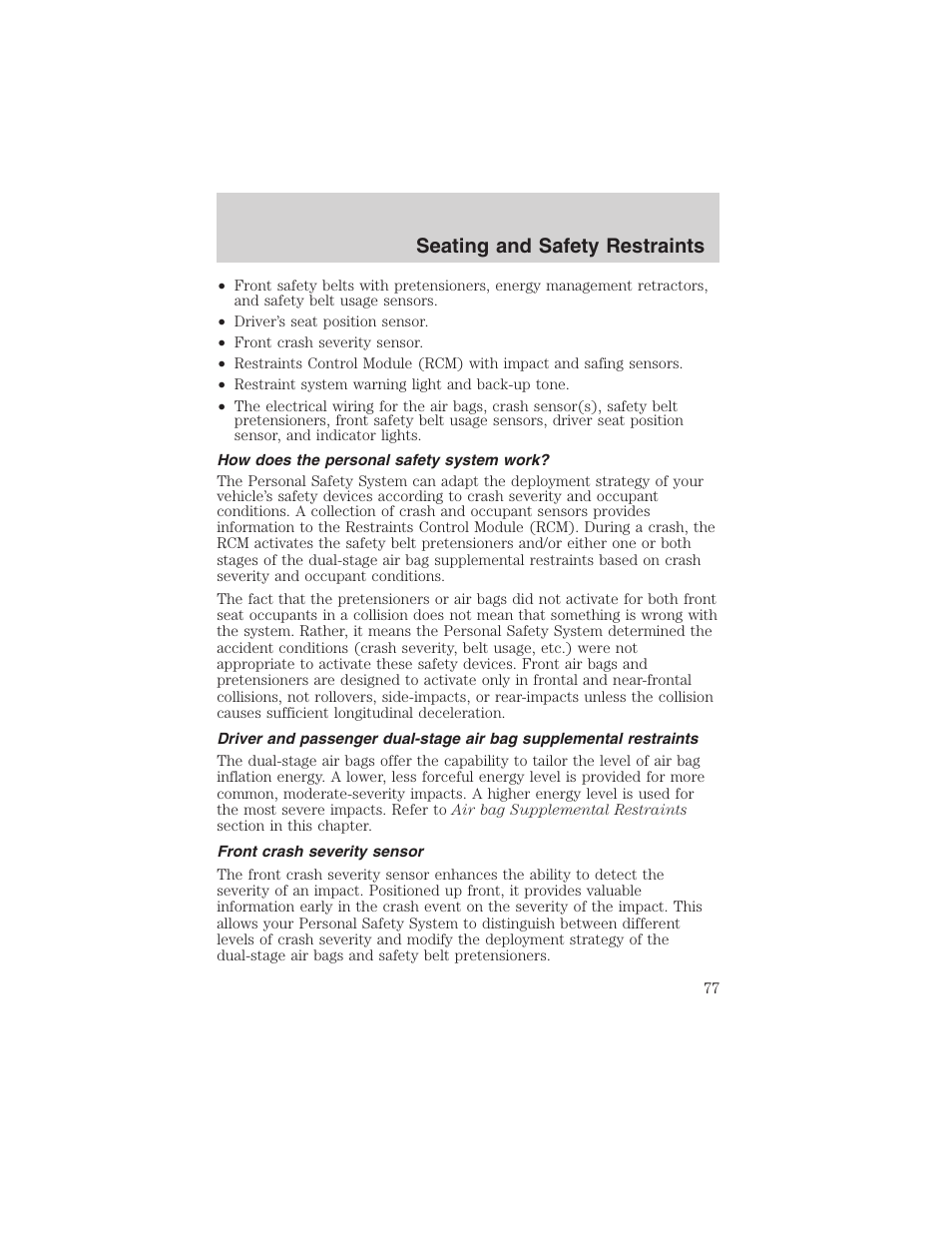 Seating and safety restraints | FORD 2003 Focus User Manual | Page 77 / 216