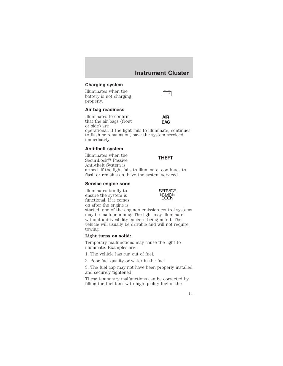 Instrument cluster | FORD 2003 Mustang v.1 User Manual | Page 11 / 256