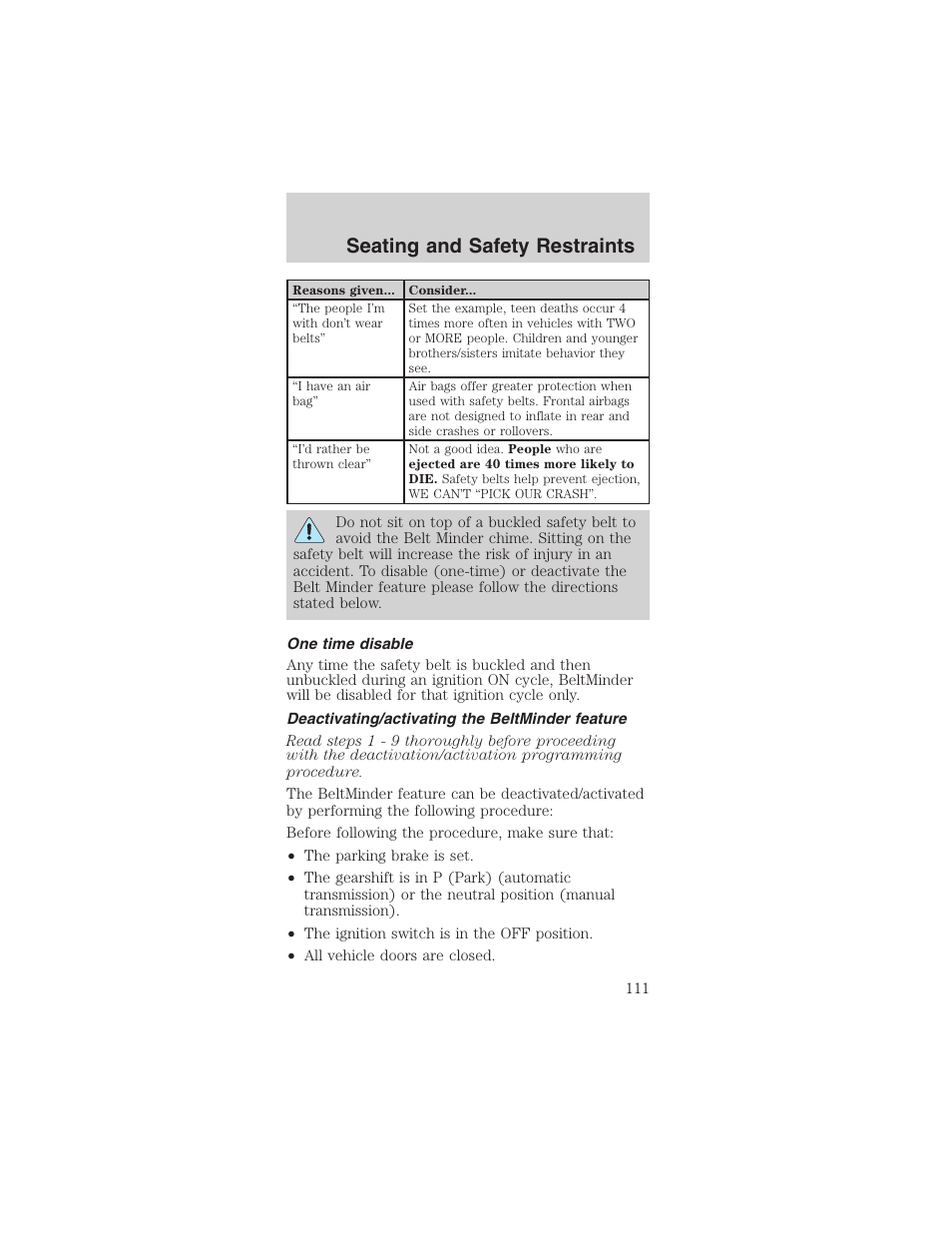 Seating and safety restraints | FORD 2003 Mustang v.1 User Manual | Page 111 / 256