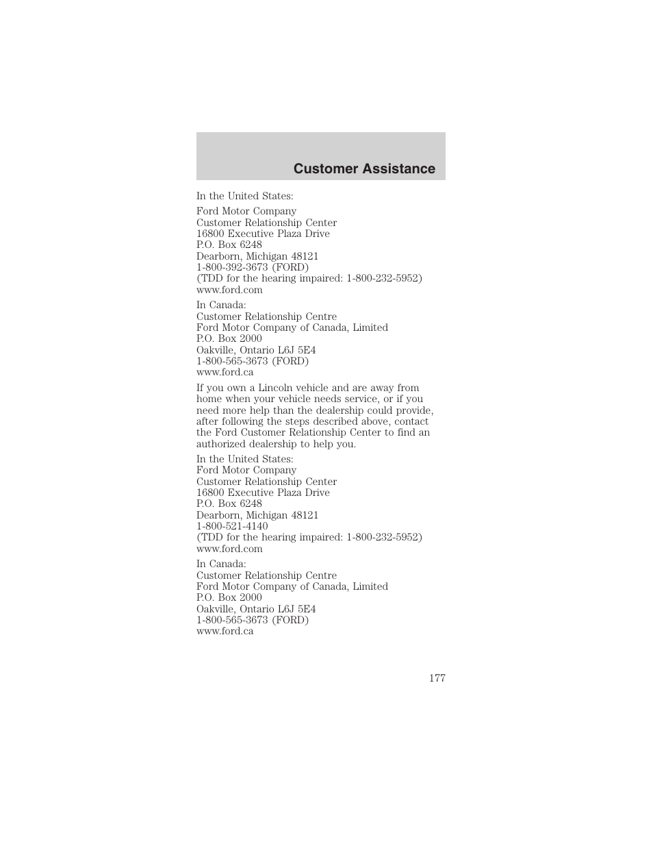 Customer assistance | FORD 2003 Mustang v.1 User Manual | Page 177 / 256
