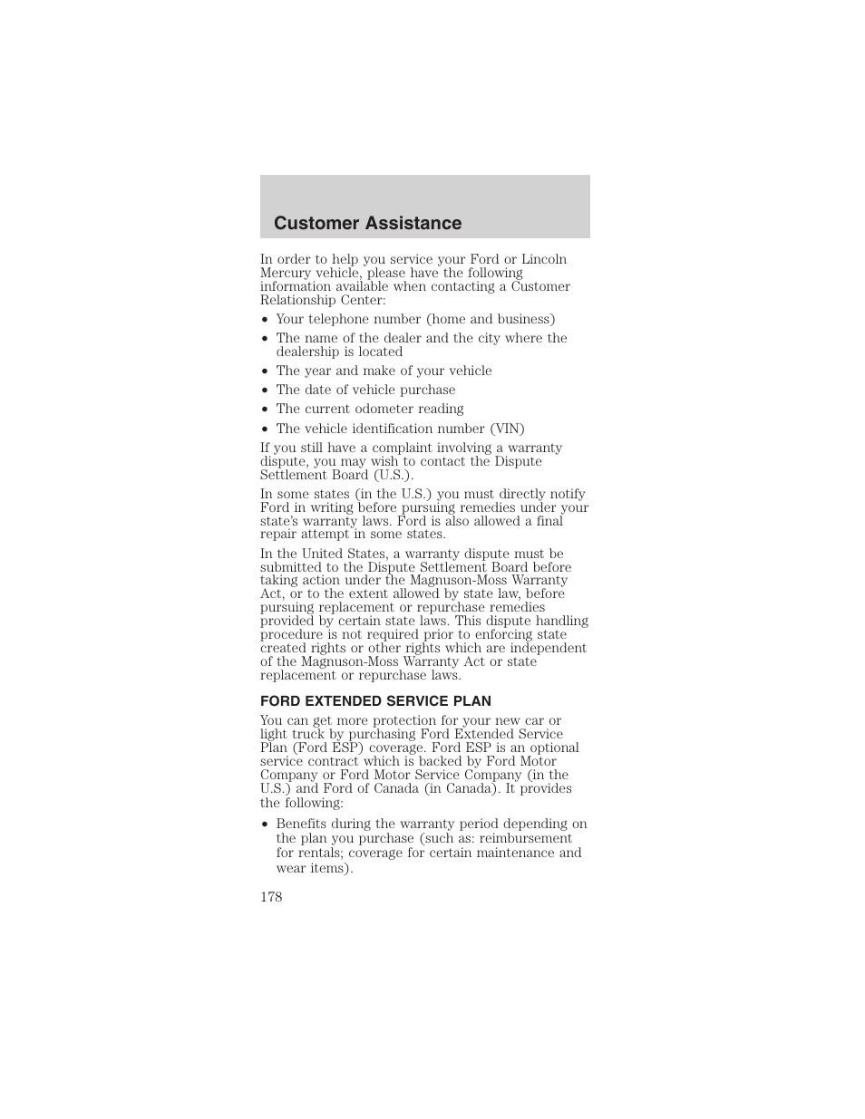 Customer assistance | FORD 2003 Mustang v.1 User Manual | Page 178 / 256