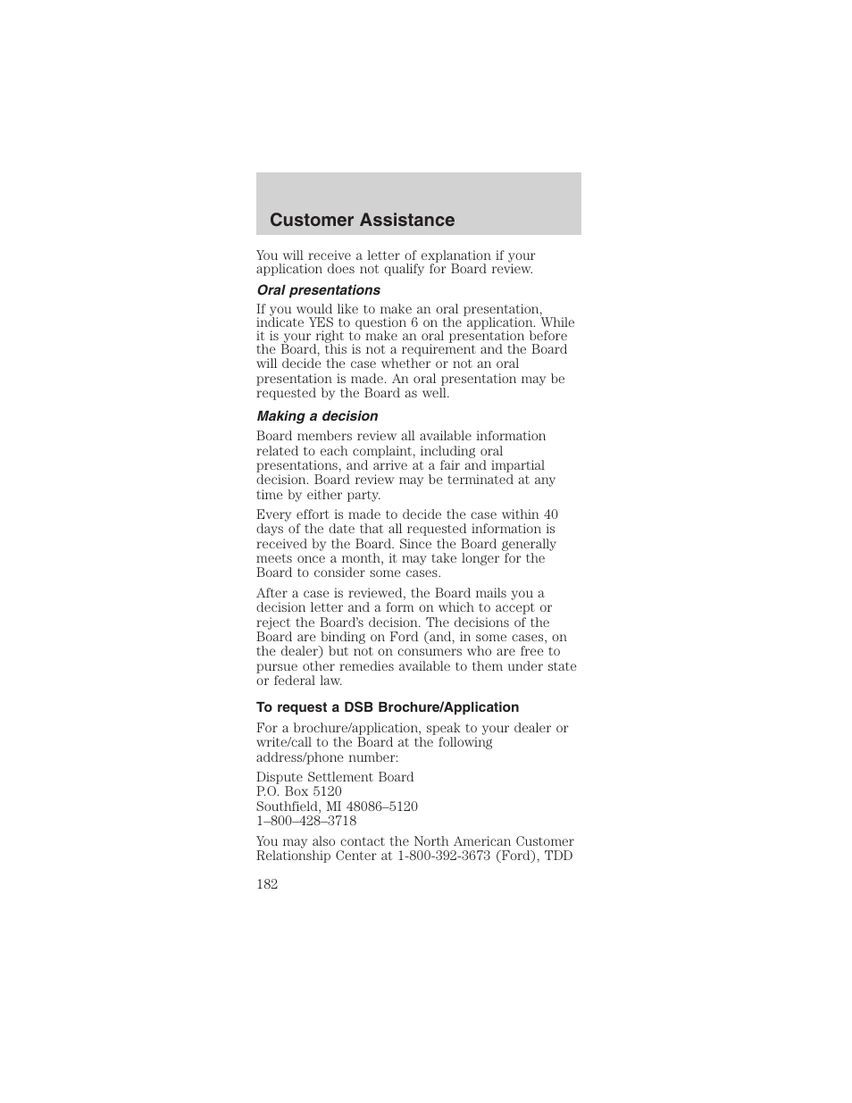 Customer assistance | FORD 2003 Mustang v.1 User Manual | Page 182 / 256