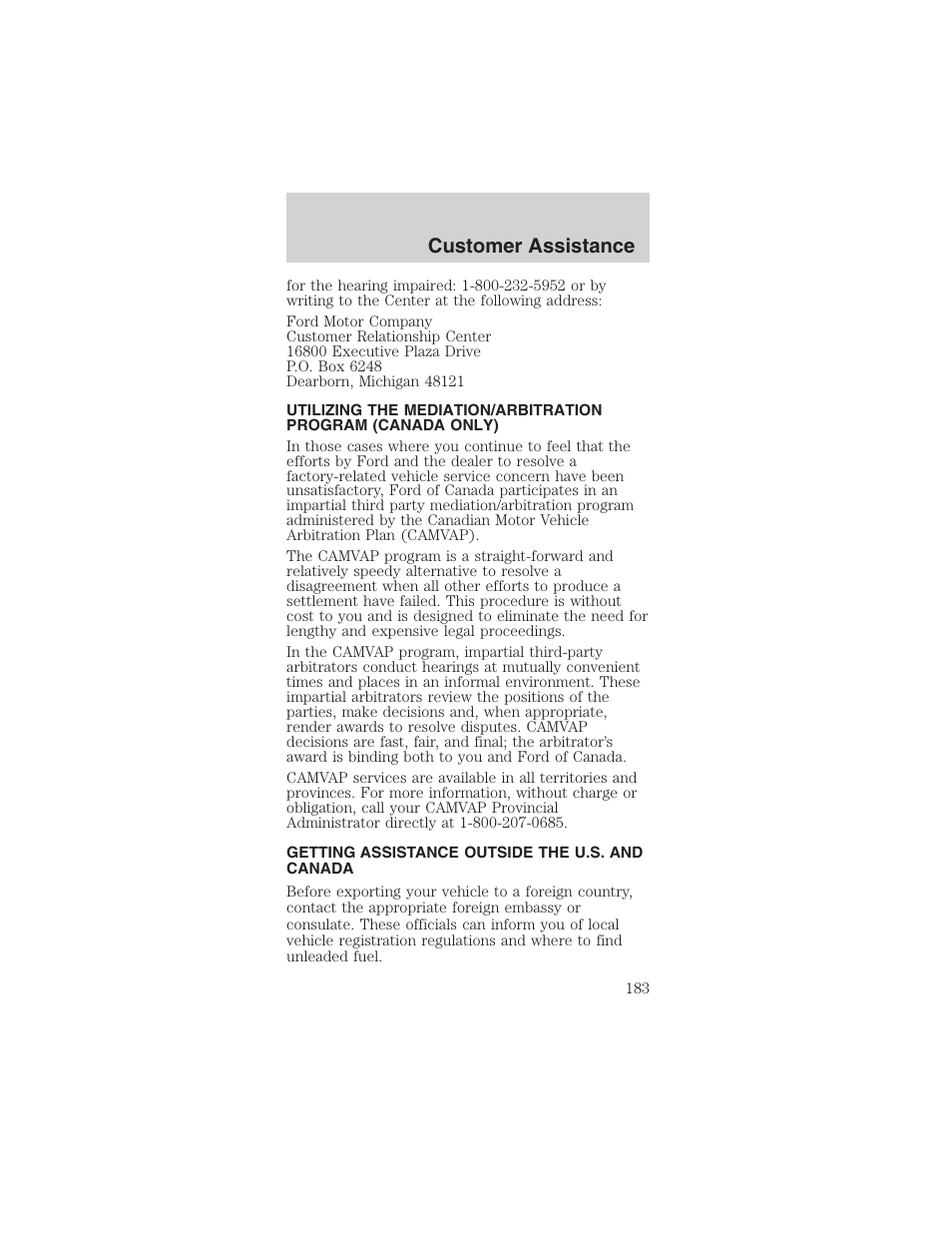 Customer assistance | FORD 2003 Mustang v.1 User Manual | Page 183 / 256