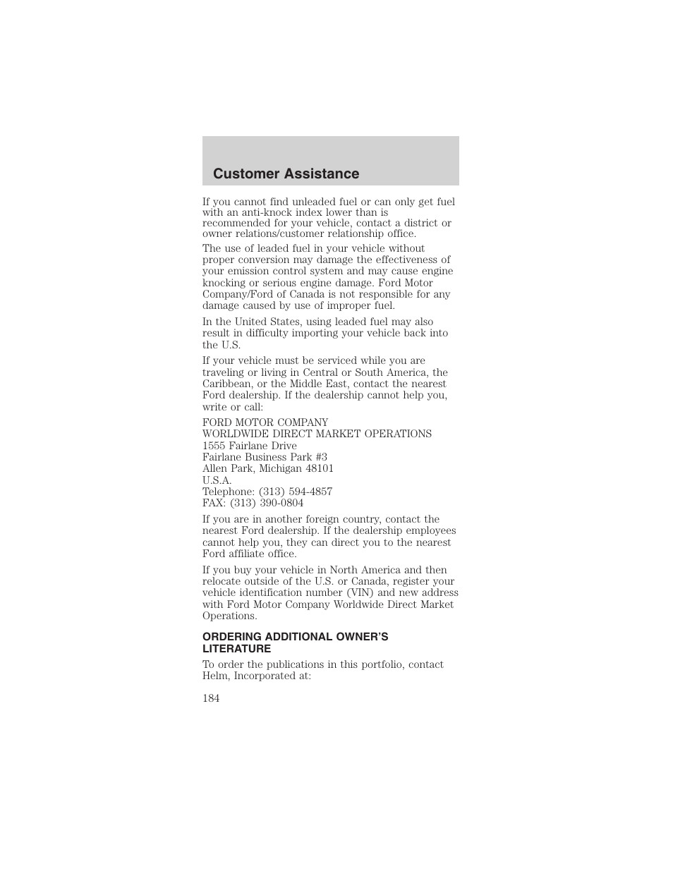 Customer assistance | FORD 2003 Mustang v.1 User Manual | Page 184 / 256