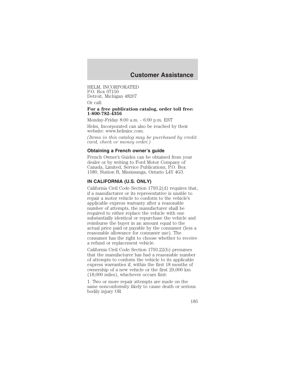 Customer assistance | FORD 2003 Mustang v.1 User Manual | Page 185 / 256
