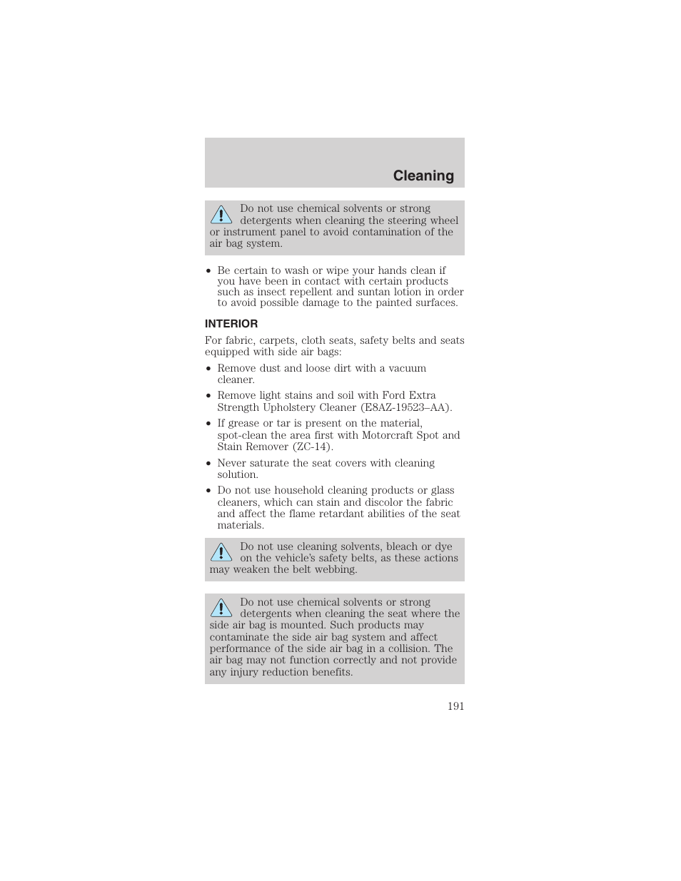 Cleaning | FORD 2003 Mustang v.1 User Manual | Page 191 / 256