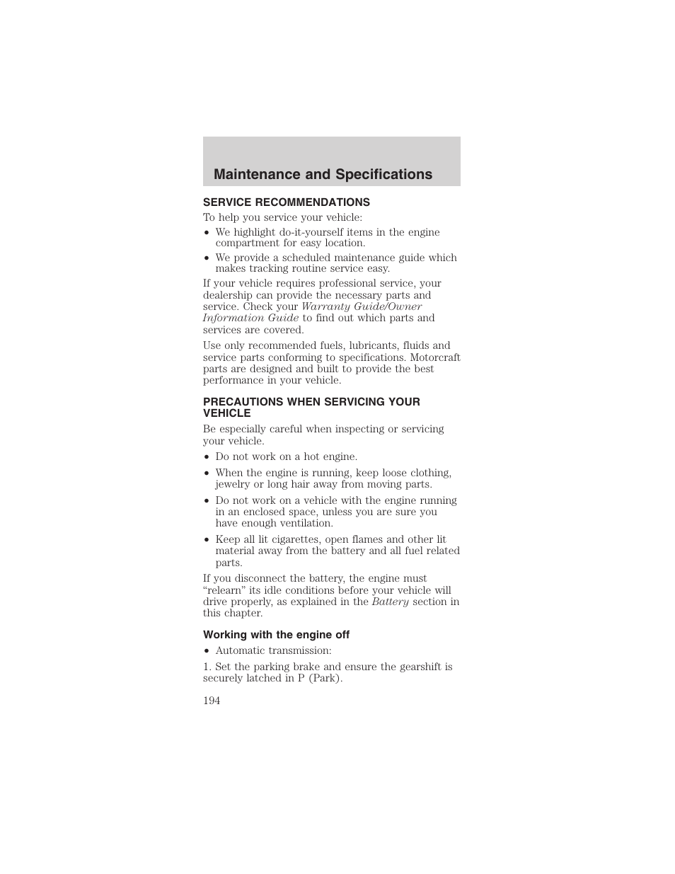 Maintenance and specifications | FORD 2003 Mustang v.1 User Manual | Page 194 / 256