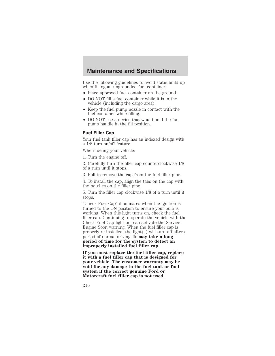 Maintenance and specifications | FORD 2003 Mustang v.1 User Manual | Page 216 / 256