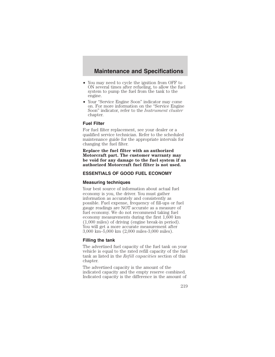 Maintenance and specifications | FORD 2003 Mustang v.1 User Manual | Page 219 / 256