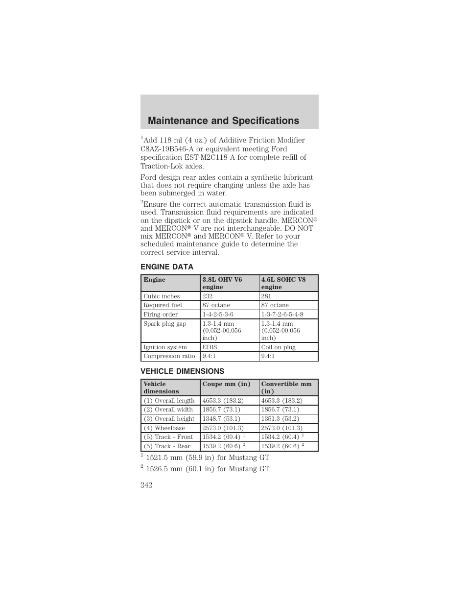 Maintenance and specifications | FORD 2003 Mustang v.1 User Manual | Page 242 / 256