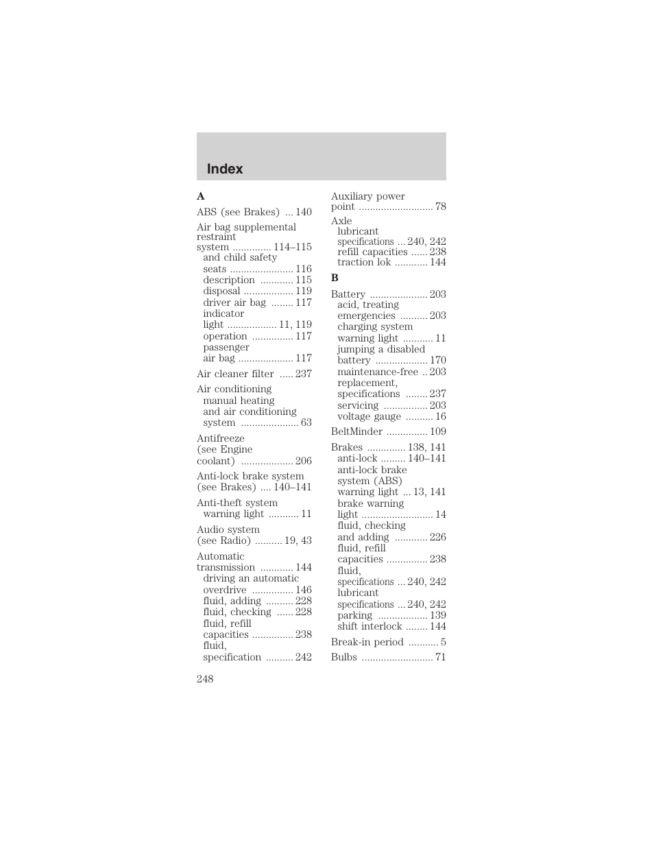 Index | FORD 2003 Mustang v.1 User Manual | Page 248 / 256