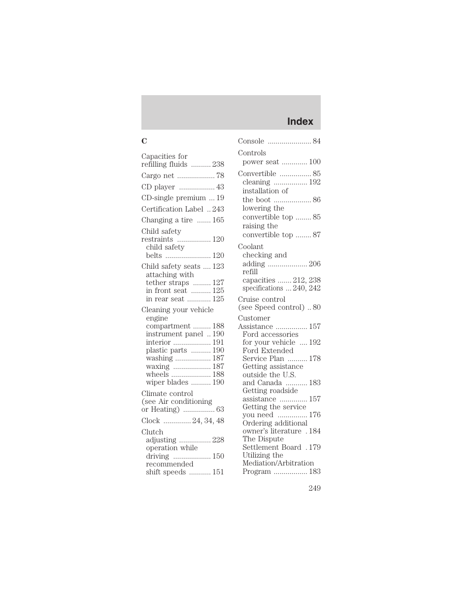 Index | FORD 2003 Mustang v.1 User Manual | Page 249 / 256