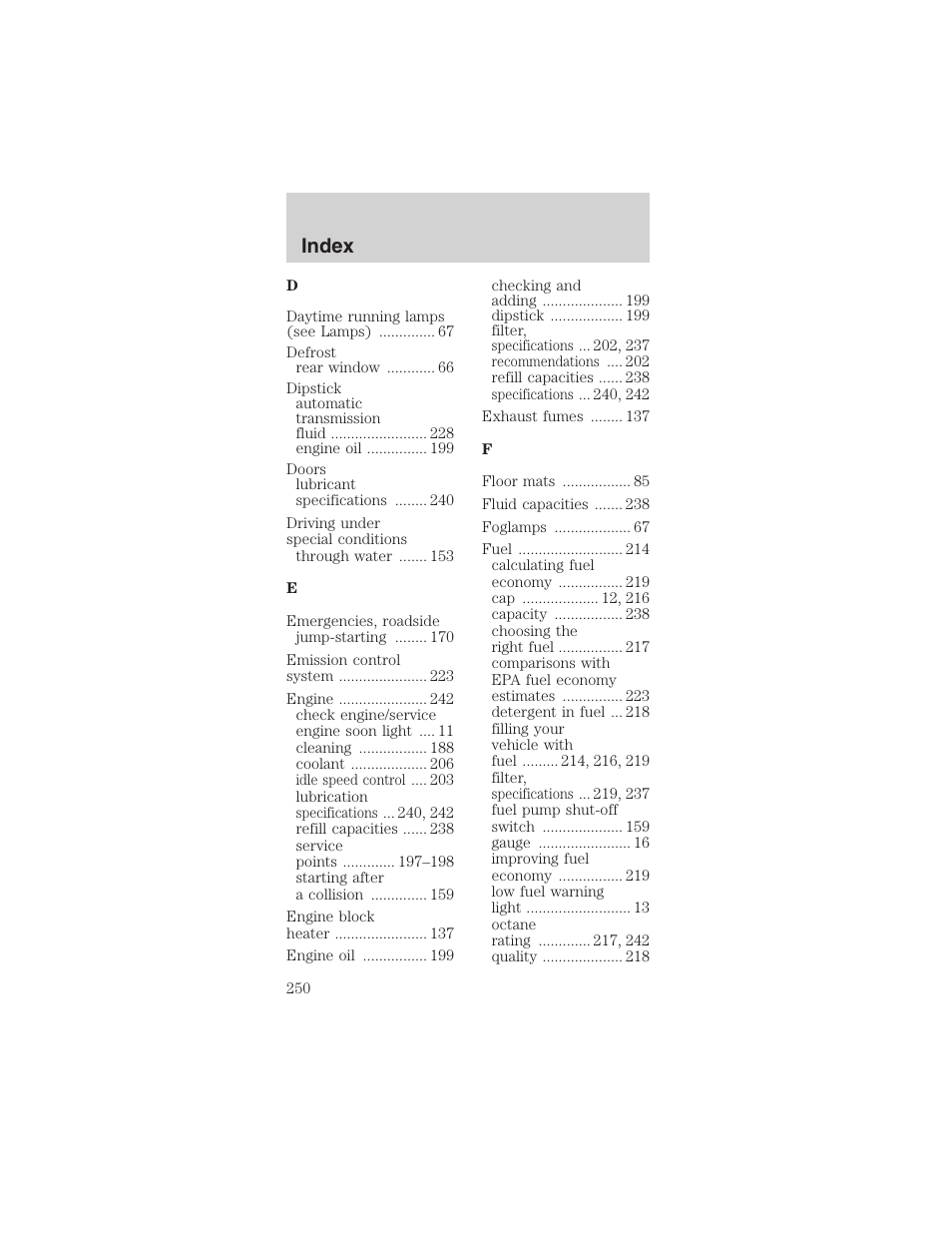 Index | FORD 2003 Mustang v.1 User Manual | Page 250 / 256