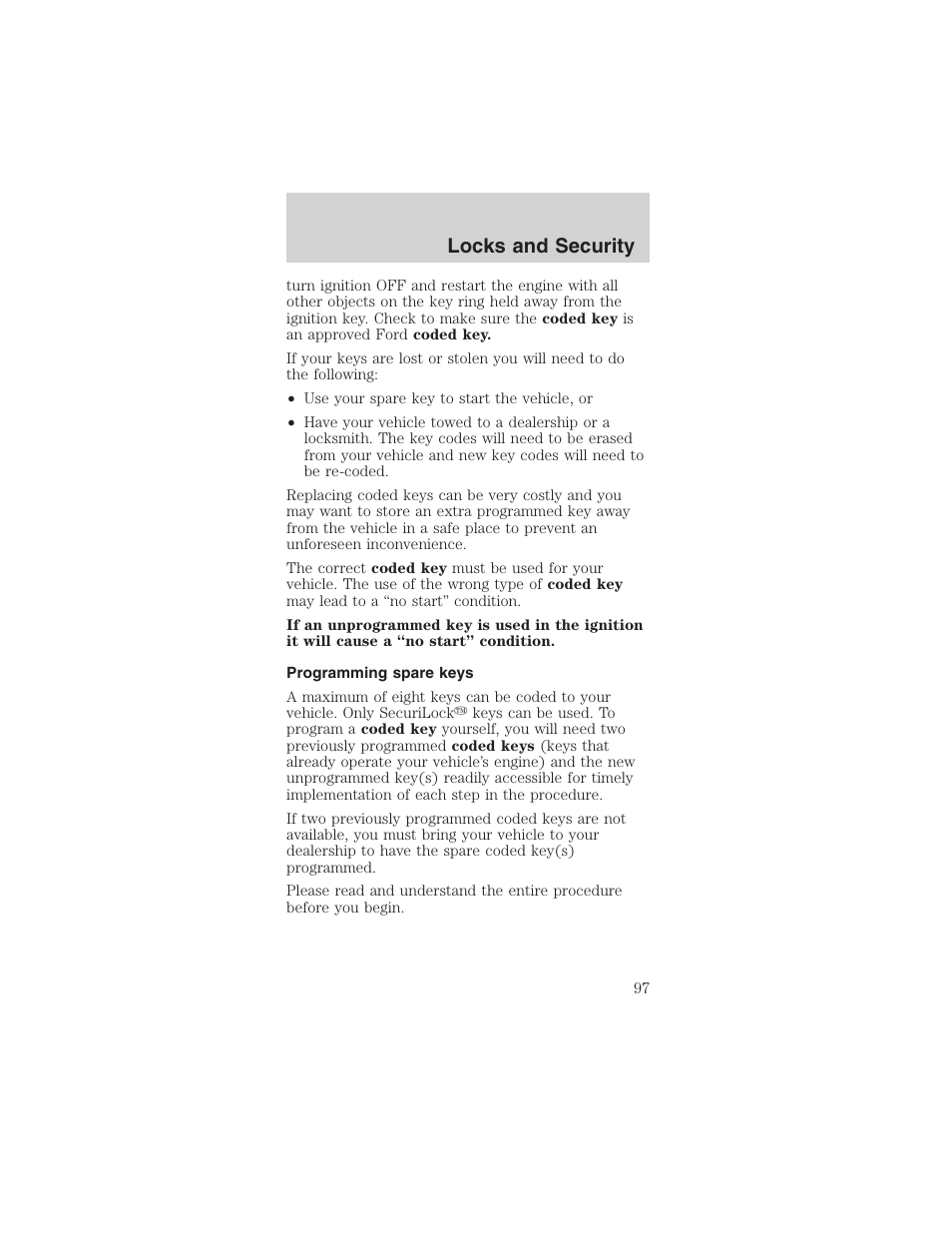 Locks and security | FORD 2003 Mustang v.1 User Manual | Page 97 / 256