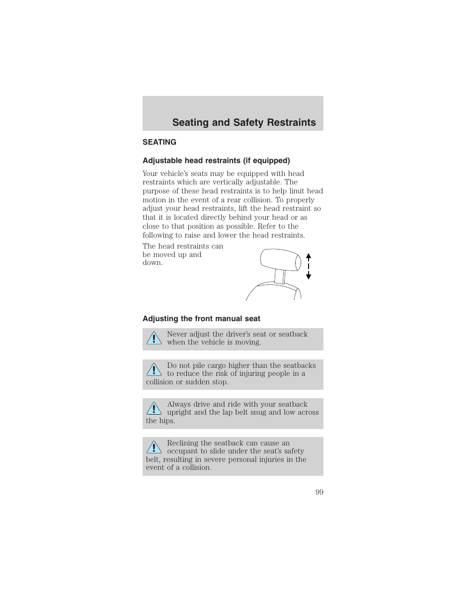 Seating and safety restraints | FORD 2003 Mustang v.1 User Manual | Page 99 / 256