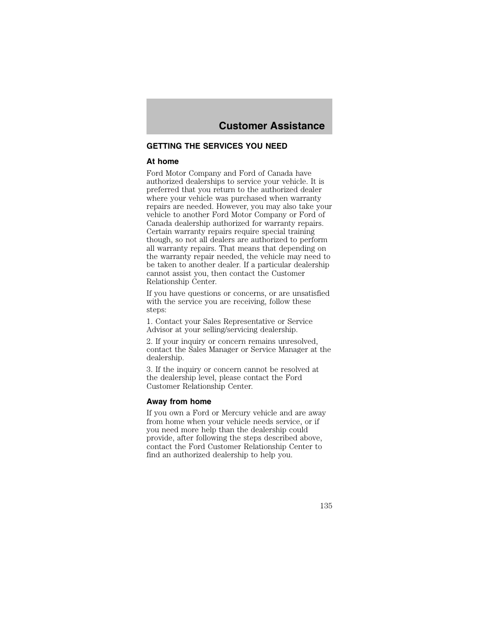 Customer assistance | FORD 2003 Mustang v.2 User Manual | Page 135 / 216