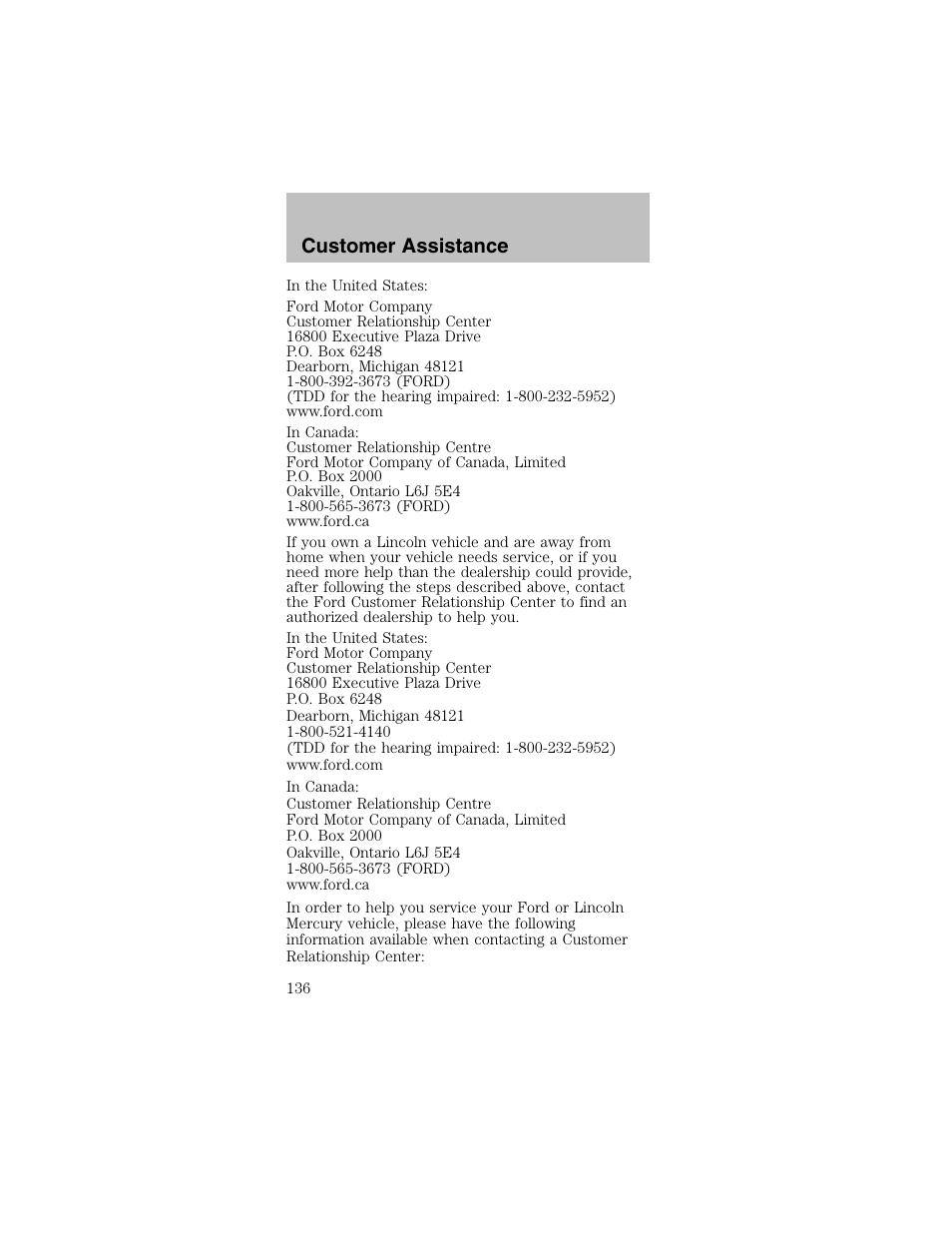 Customer assistance | FORD 2003 Mustang v.2 User Manual | Page 136 / 216