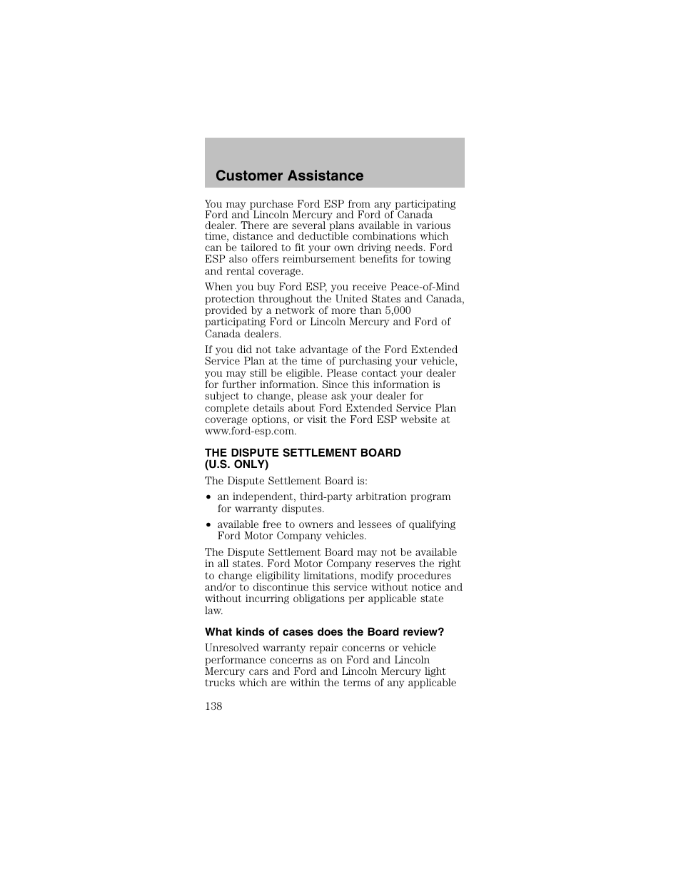 Customer assistance | FORD 2003 Mustang v.2 User Manual | Page 138 / 216