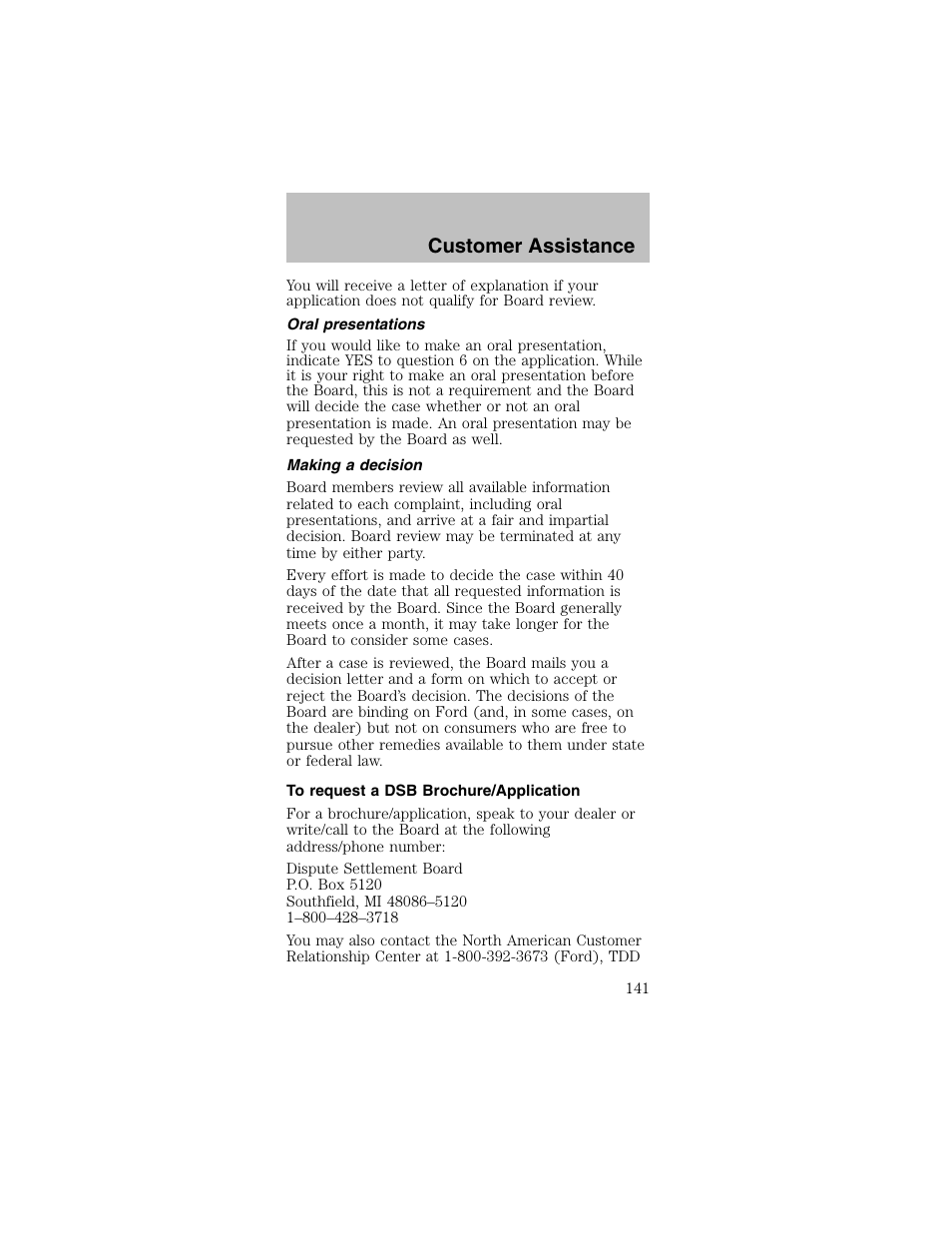 Customer assistance | FORD 2003 Mustang v.2 User Manual | Page 141 / 216