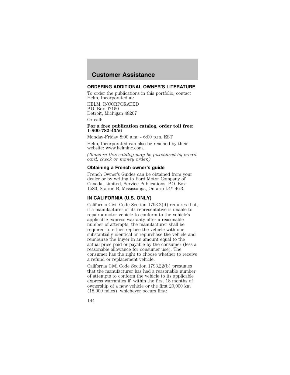 Customer assistance | FORD 2003 Mustang v.2 User Manual | Page 144 / 216
