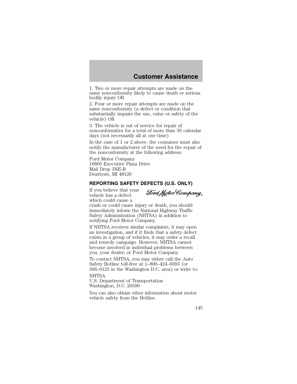 Customer assistance | FORD 2003 Mustang v.2 User Manual | Page 145 / 216