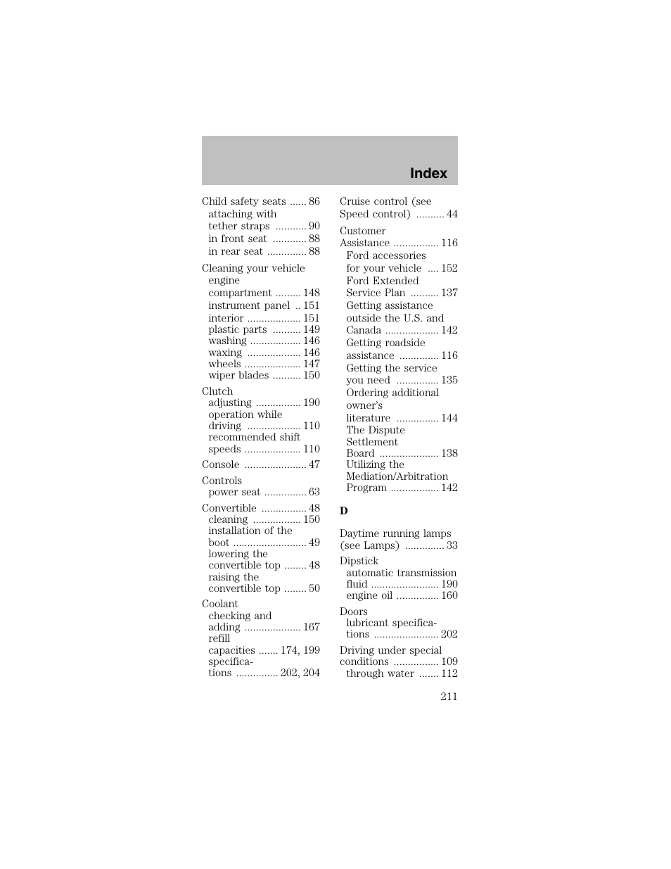 Index | FORD 2003 Mustang v.2 User Manual | Page 211 / 216