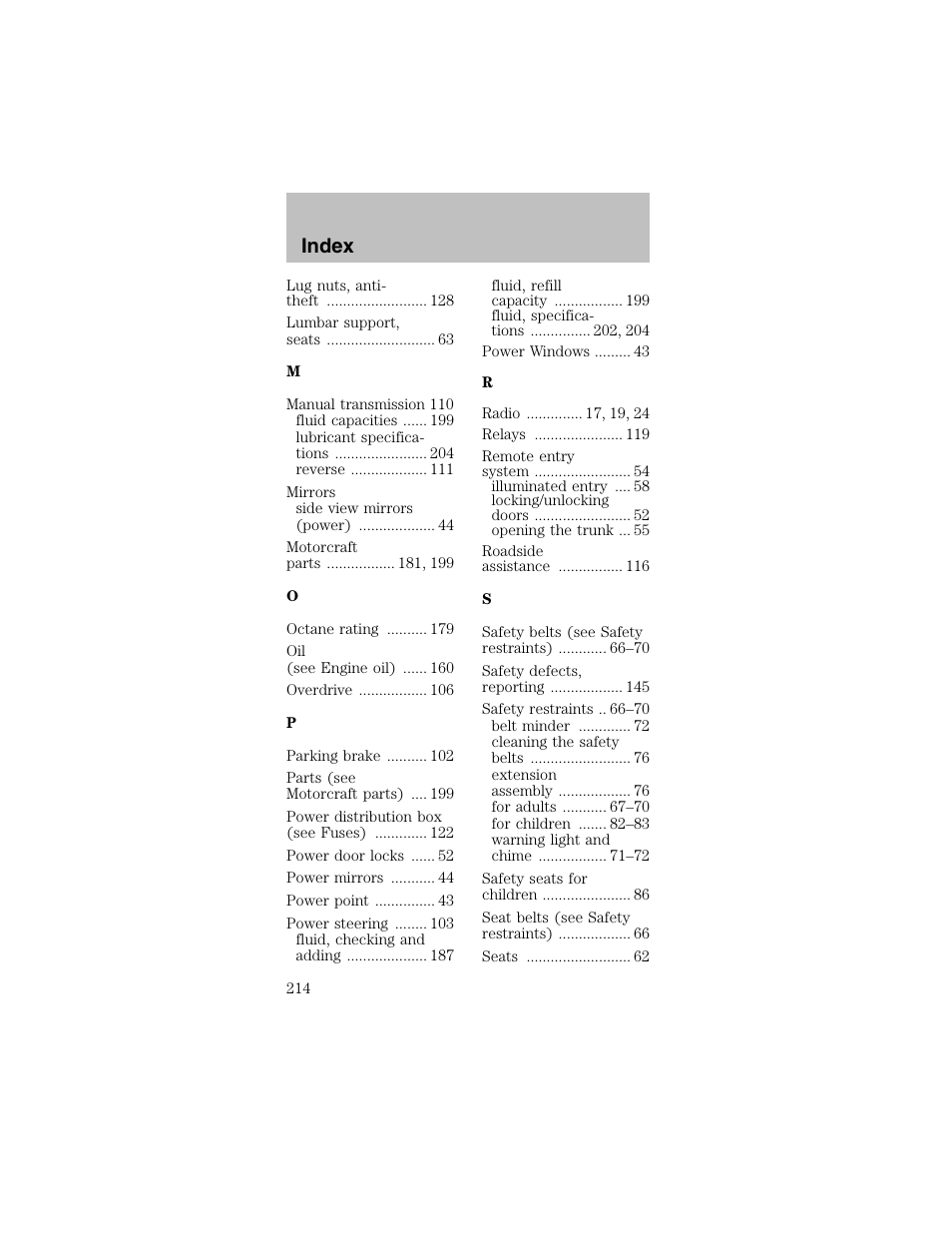Index | FORD 2003 Mustang v.2 User Manual | Page 214 / 216