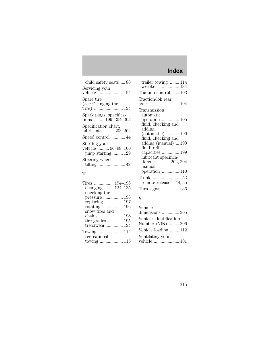 Index | FORD 2003 Mustang v.2 User Manual | Page 215 / 216