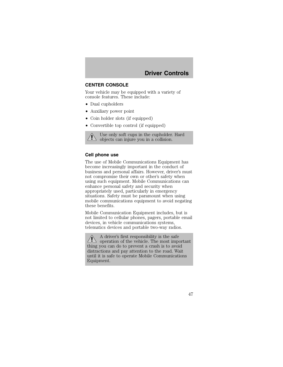 Driver controls | FORD 2003 Mustang v.2 User Manual | Page 47 / 216