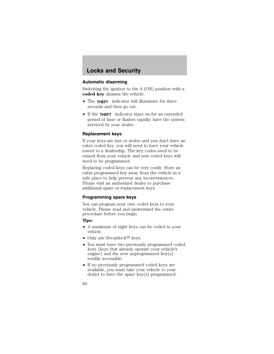 Locks and security | FORD 2003 Mustang v.2 User Manual | Page 60 / 216