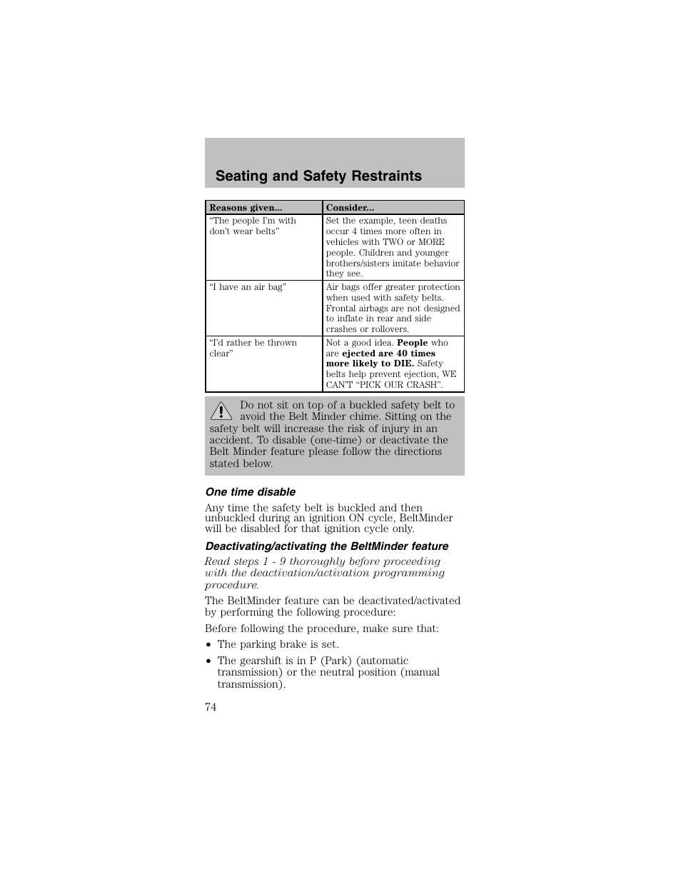 Seating and safety restraints | FORD 2003 Mustang v.2 User Manual | Page 74 / 216