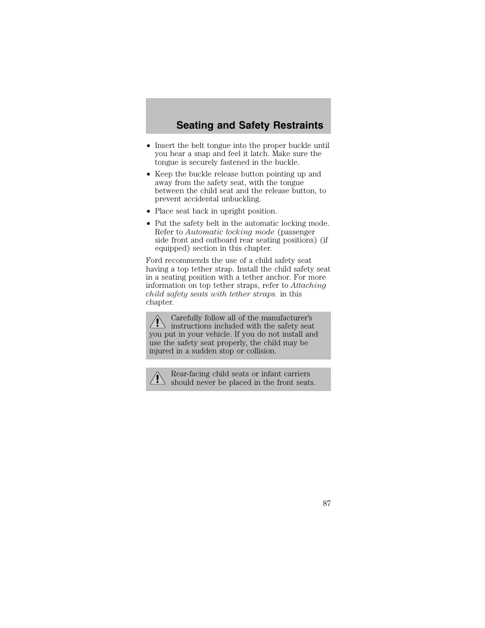 Seating and safety restraints | FORD 2003 Mustang v.2 User Manual | Page 87 / 216