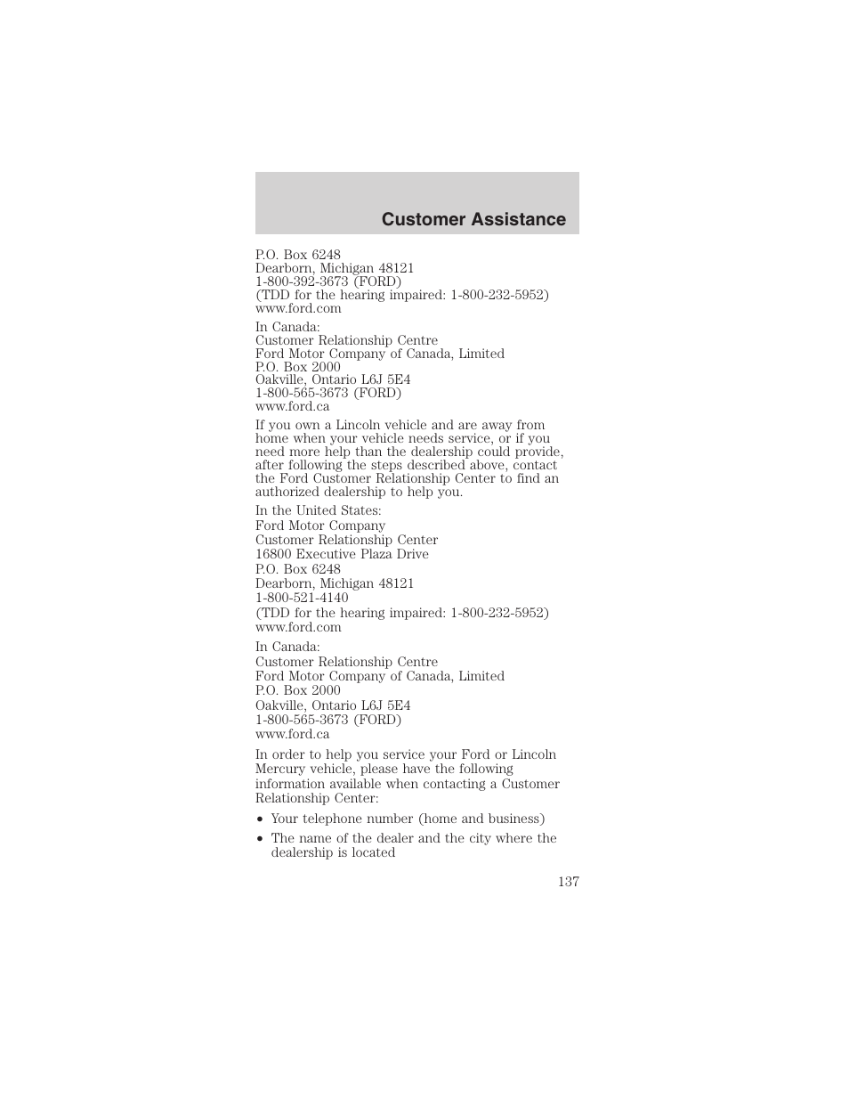 Customer assistance | FORD 2003 Mustang v.3 User Manual | Page 137 / 216