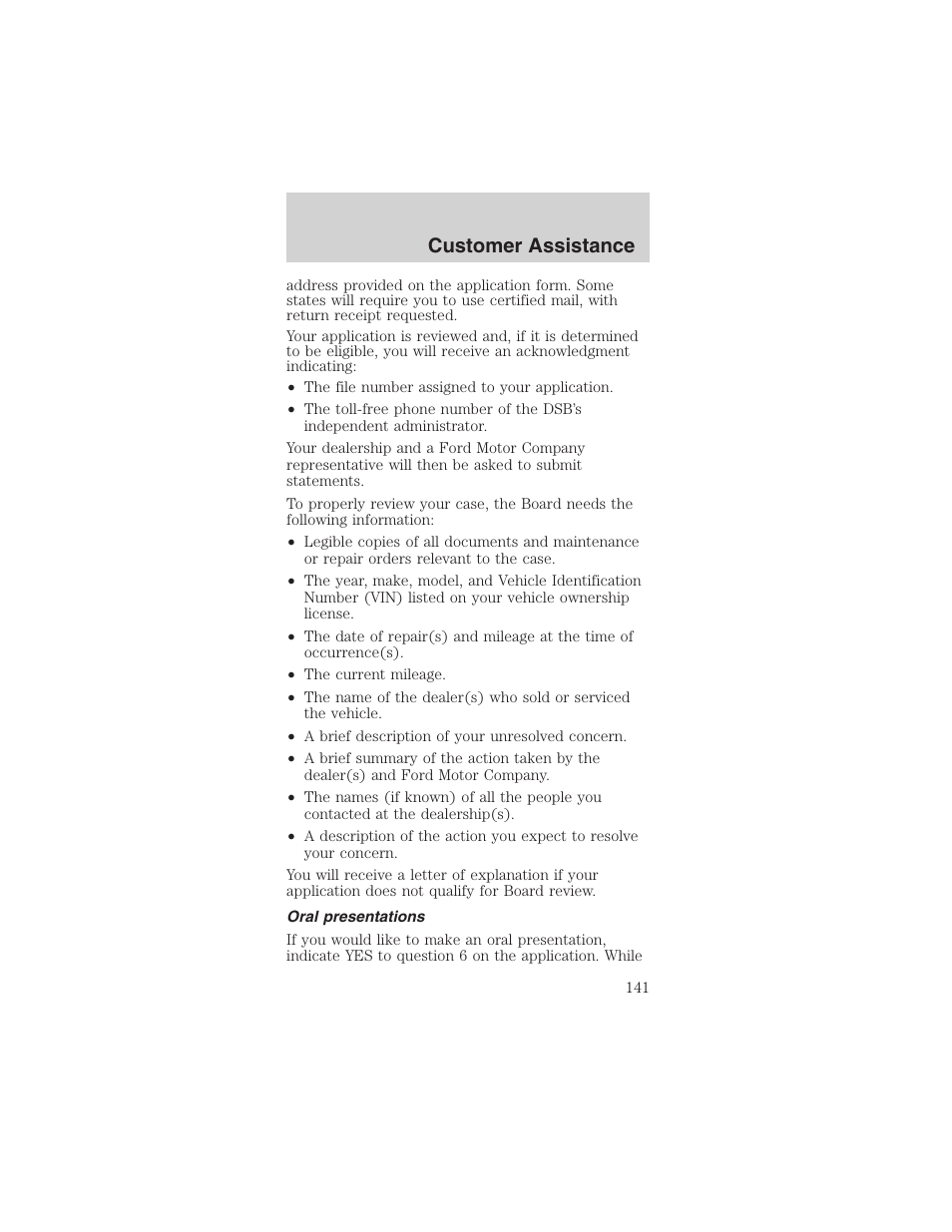 Customer assistance | FORD 2003 Mustang v.3 User Manual | Page 141 / 216