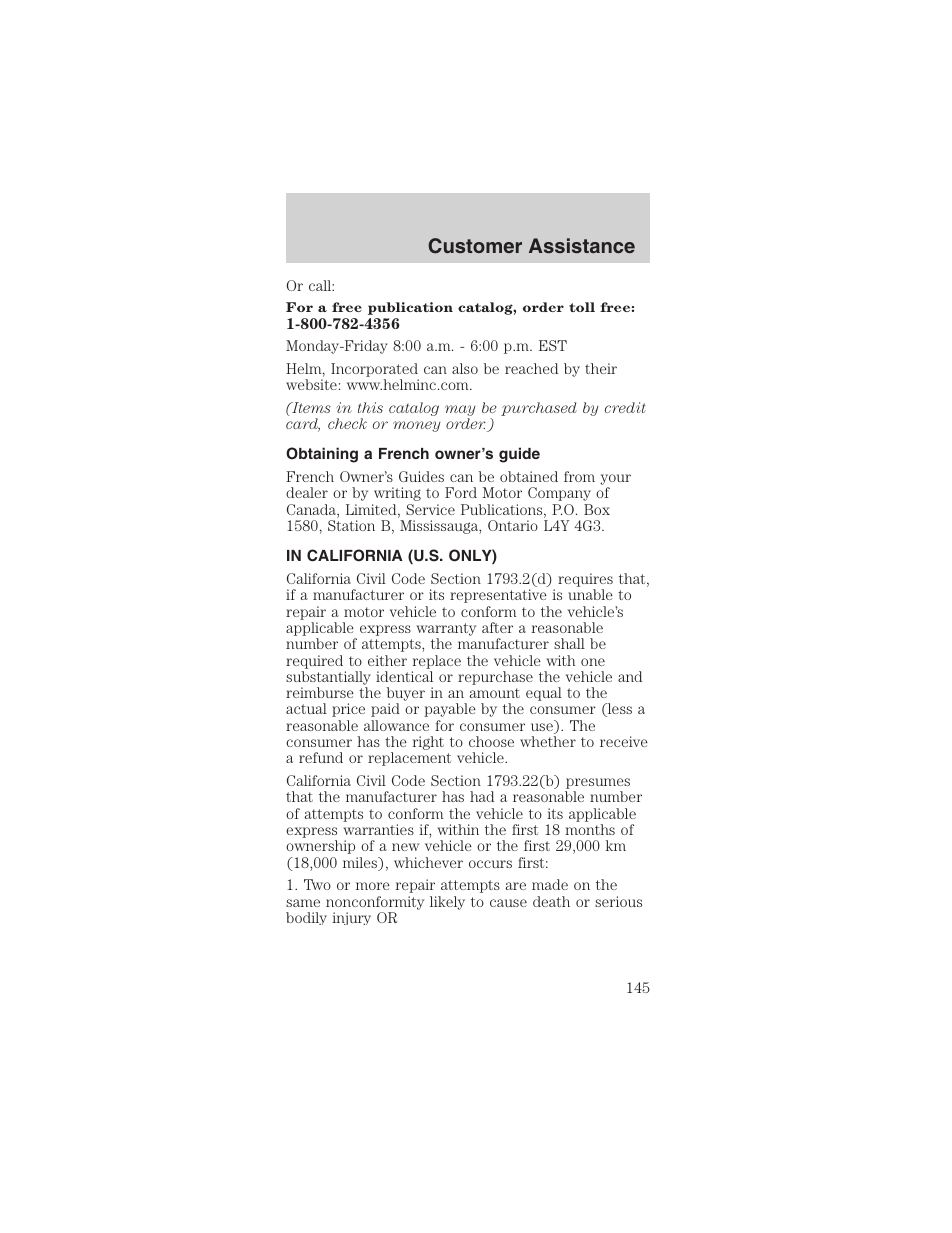 Customer assistance | FORD 2003 Mustang v.3 User Manual | Page 145 / 216