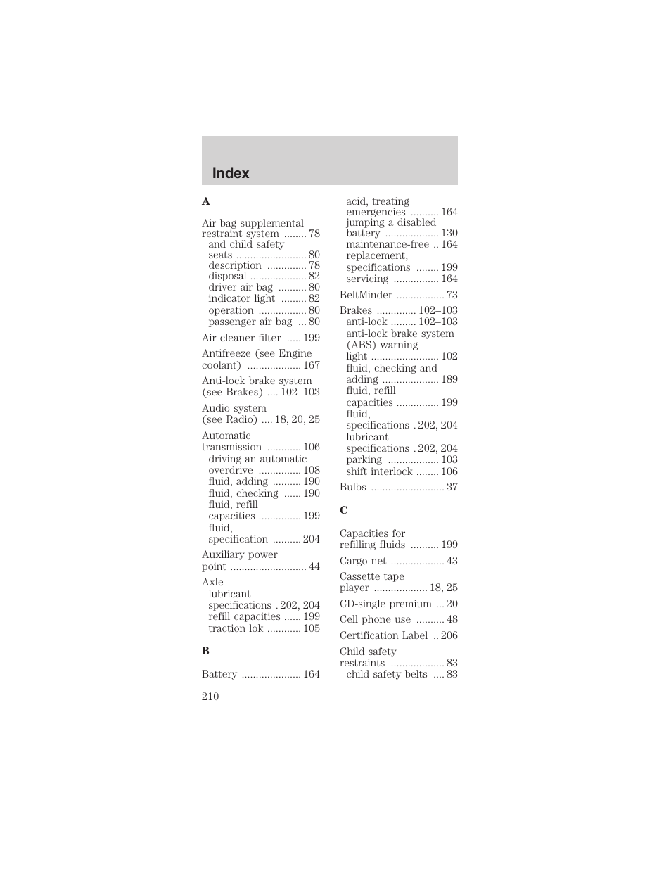 Index | FORD 2003 Mustang v.3 User Manual | Page 210 / 216