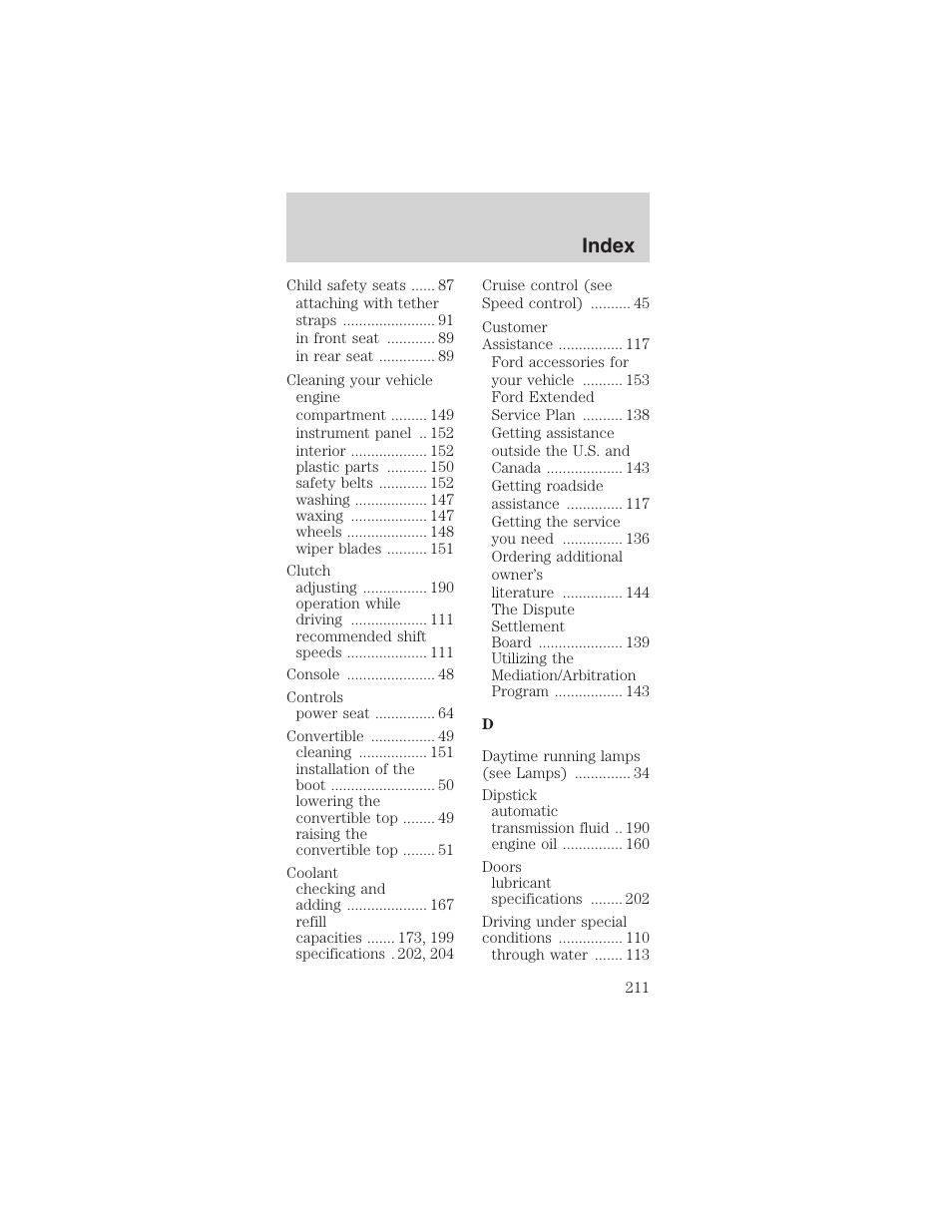 Index | FORD 2003 Mustang v.3 User Manual | Page 211 / 216