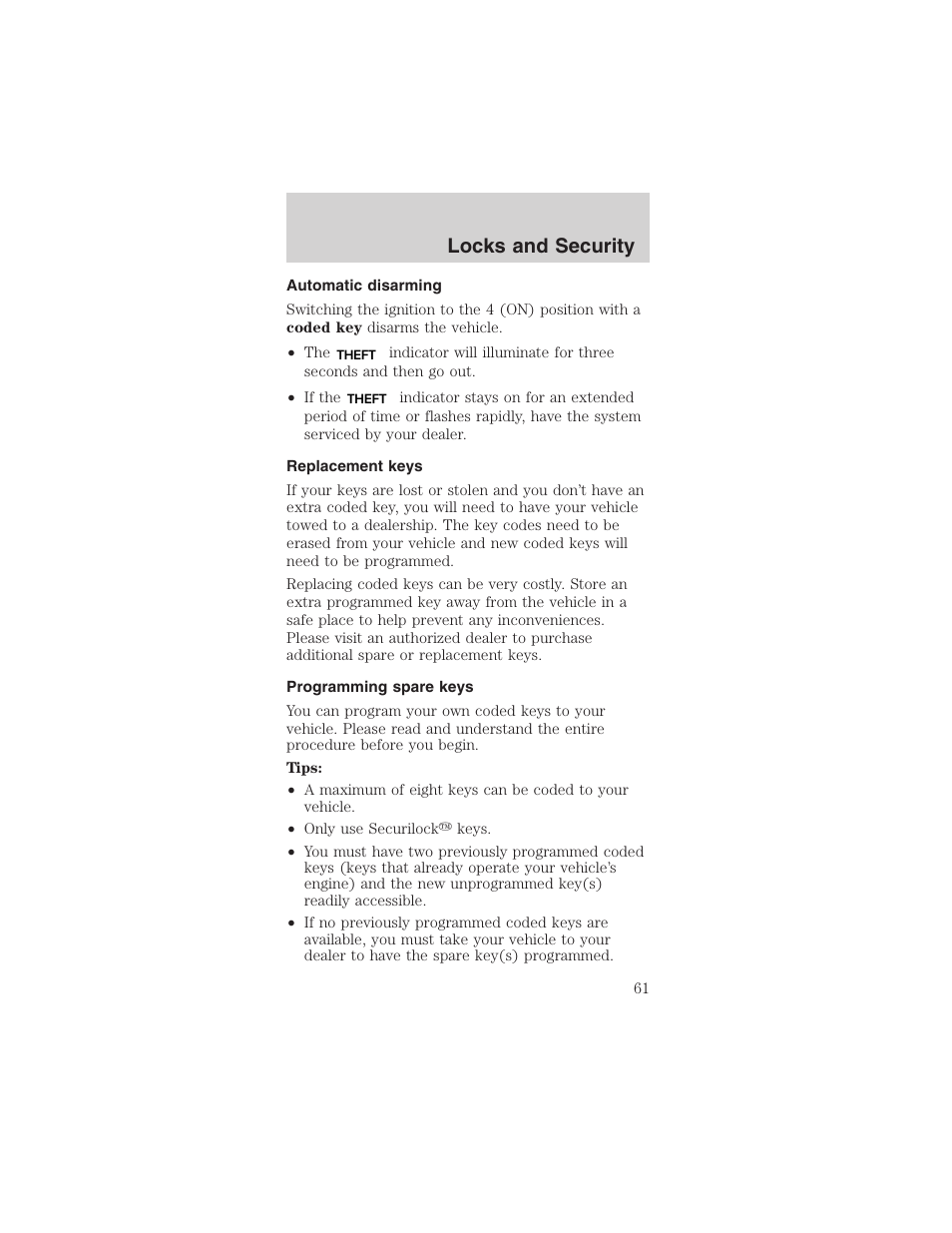 Locks and security | FORD 2003 Mustang v.3 User Manual | Page 61 / 216