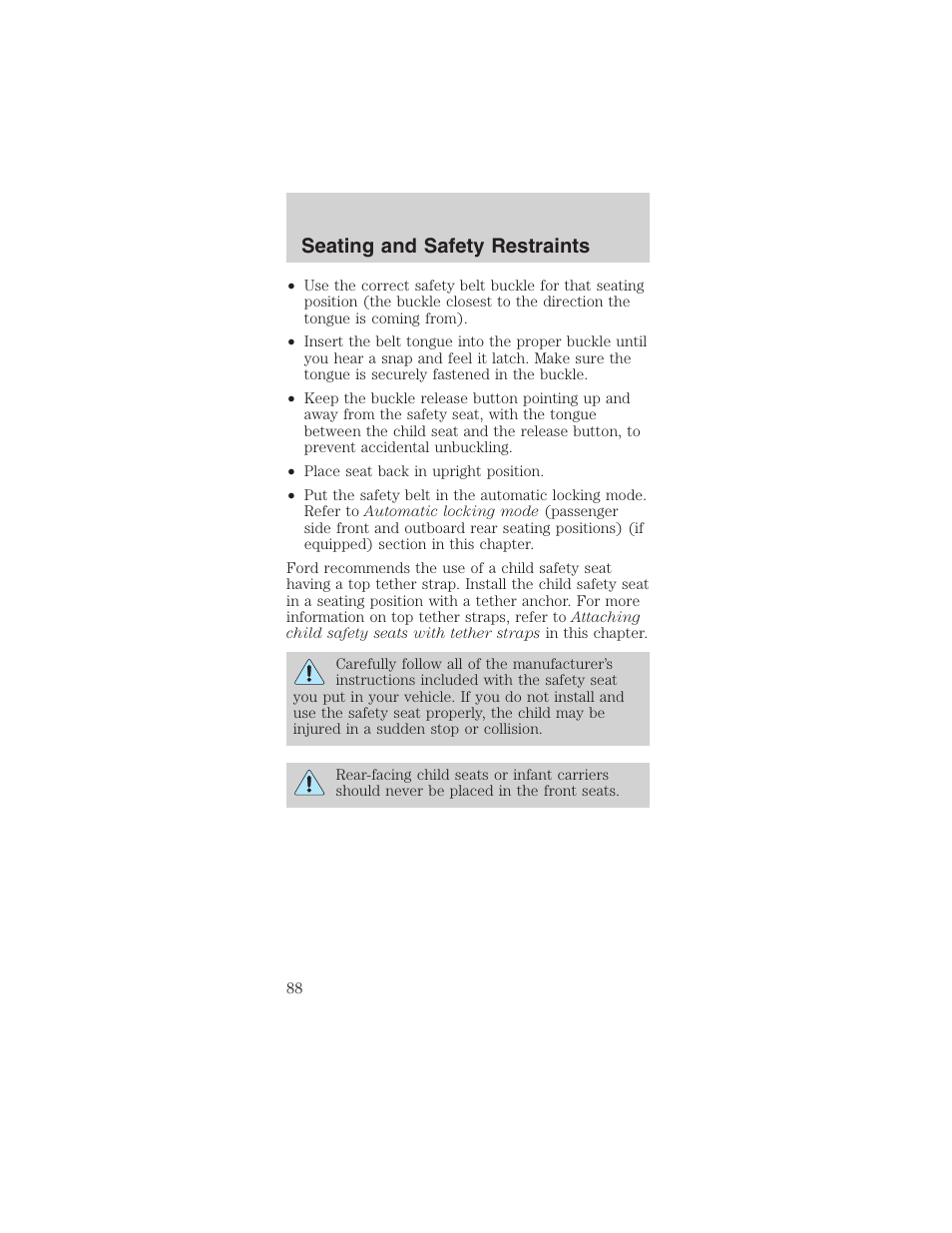 Seating and safety restraints | FORD 2003 Mustang v.3 User Manual | Page 88 / 216