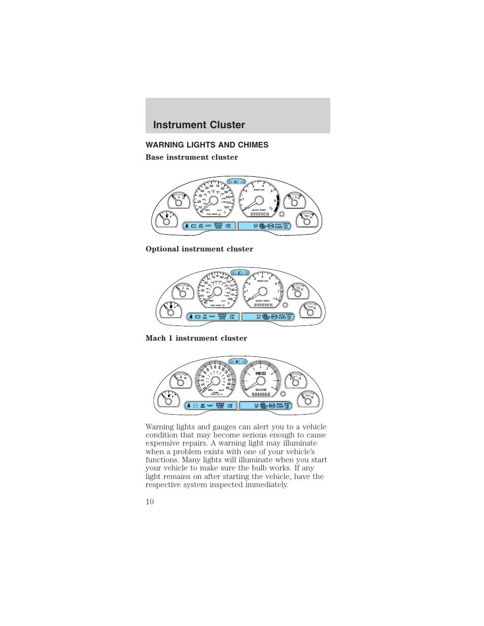 Instrument cluster | FORD 2003 Mustang v.4 User Manual | Page 10 / 216