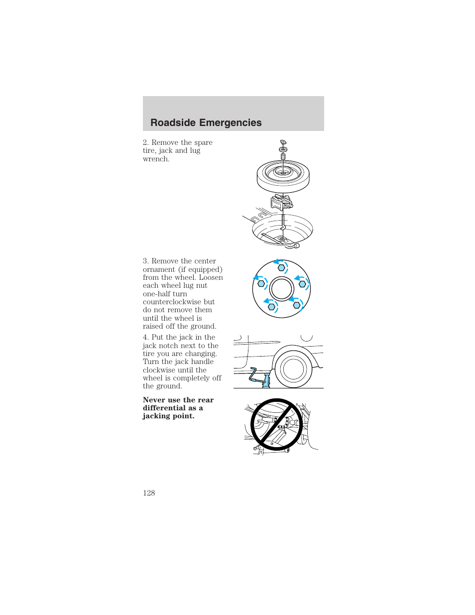 Roadside emergencies | FORD 2003 Mustang v.4 User Manual | Page 128 / 216