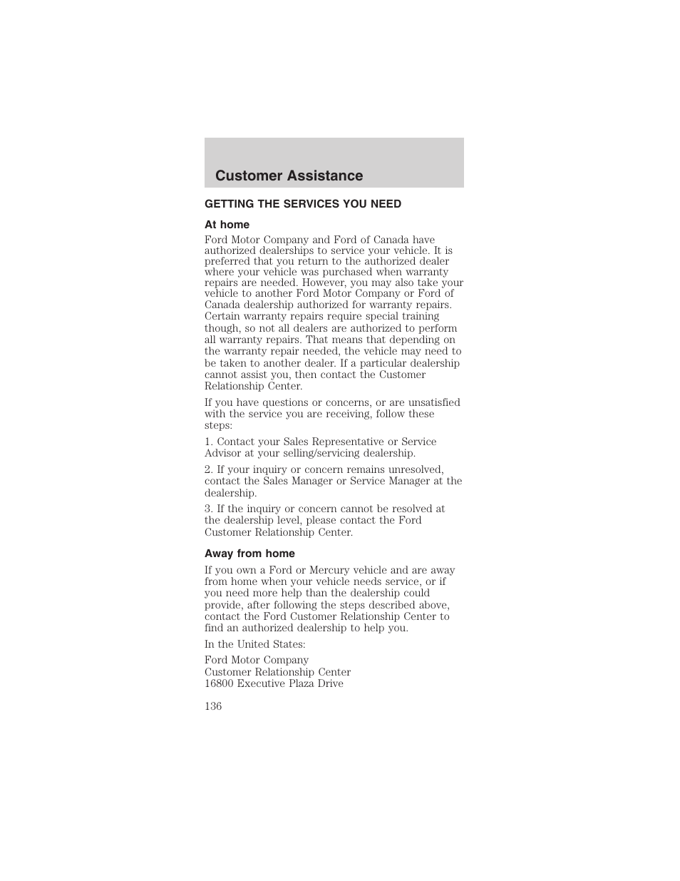 Customer assistance | FORD 2003 Mustang v.4 User Manual | Page 136 / 216