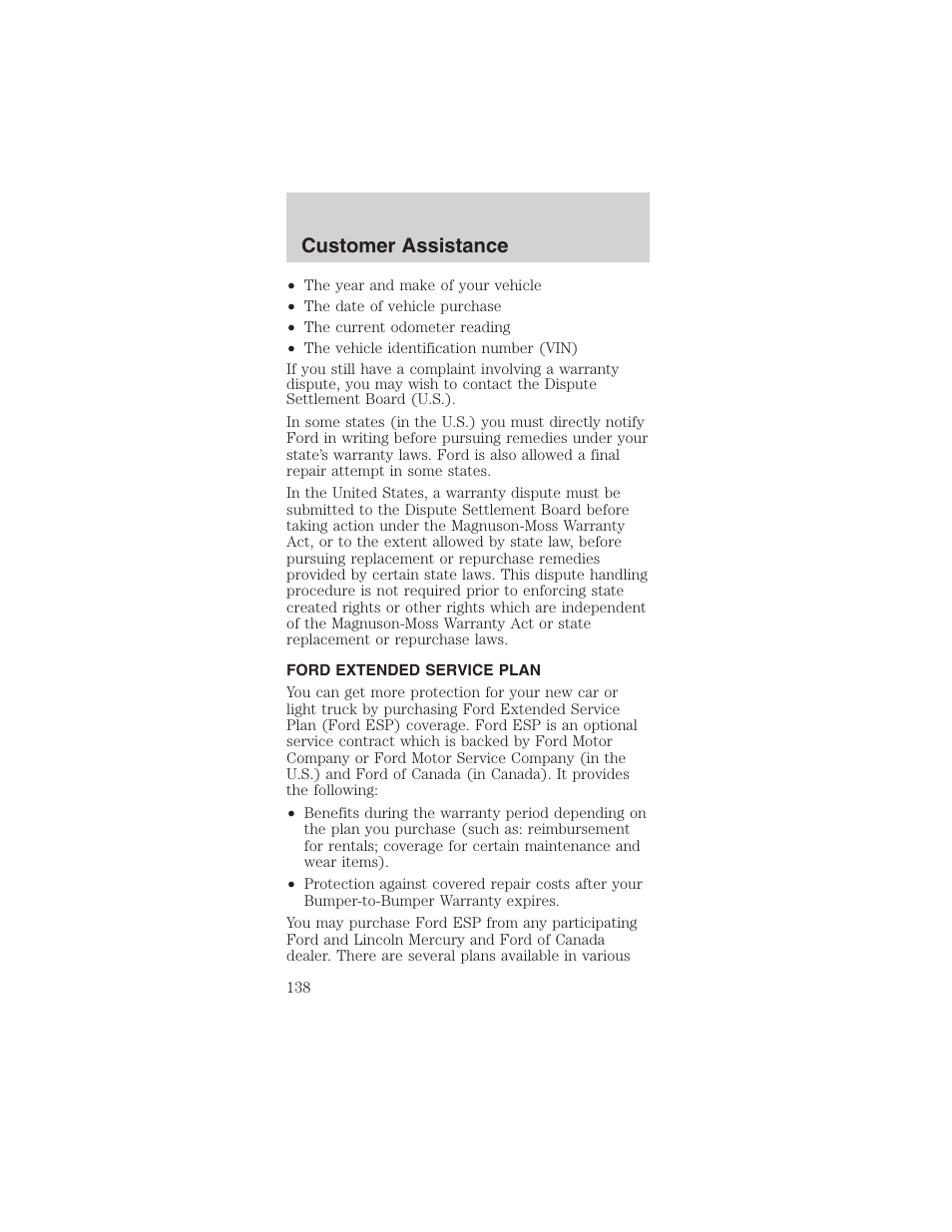 Customer assistance | FORD 2003 Mustang v.4 User Manual | Page 138 / 216