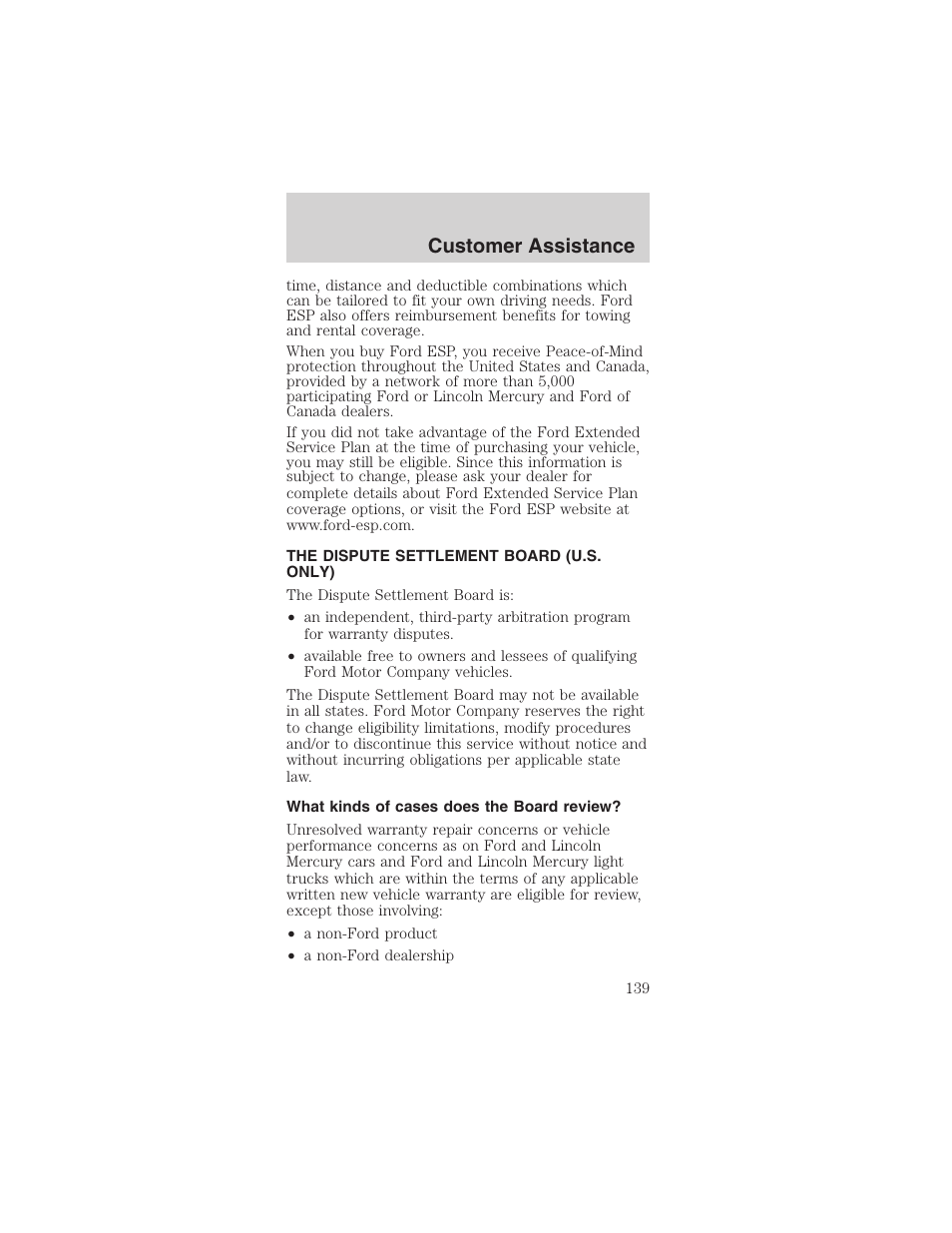 Customer assistance | FORD 2003 Mustang v.4 User Manual | Page 139 / 216