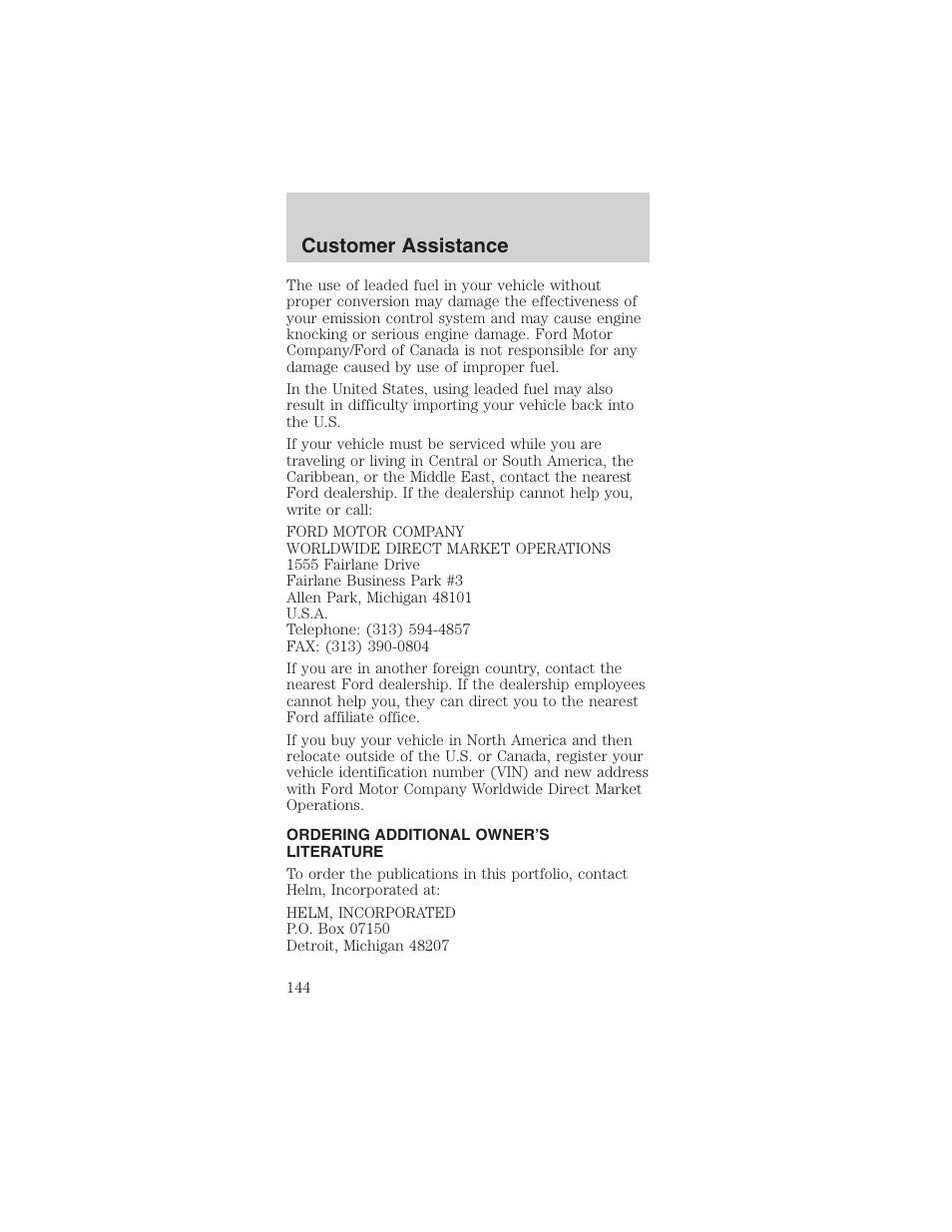 Customer assistance | FORD 2003 Mustang v.4 User Manual | Page 144 / 216
