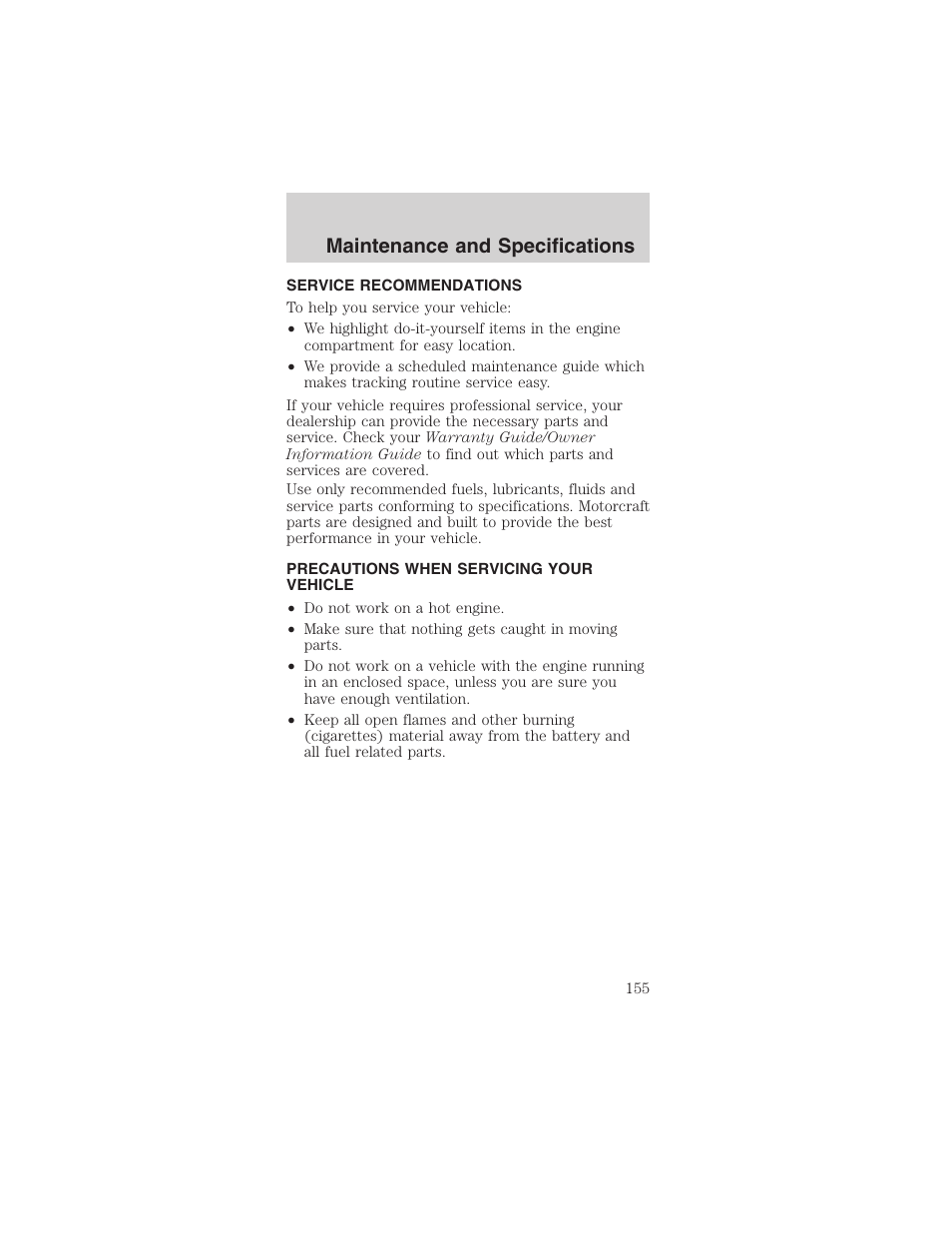 Maintenance and specifications | FORD 2003 Mustang v.4 User Manual | Page 155 / 216