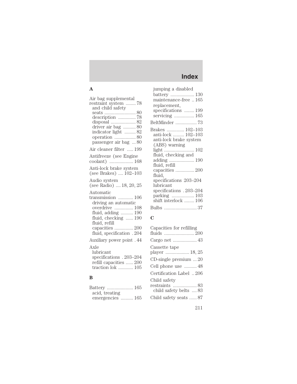 Index | FORD 2003 Mustang v.4 User Manual | Page 211 / 216