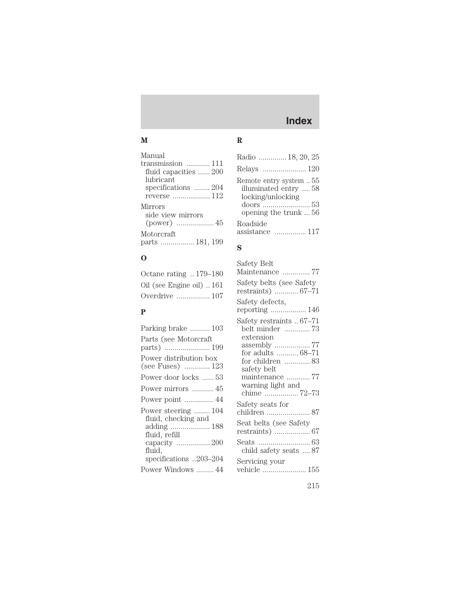 Index | FORD 2003 Mustang v.4 User Manual | Page 215 / 216